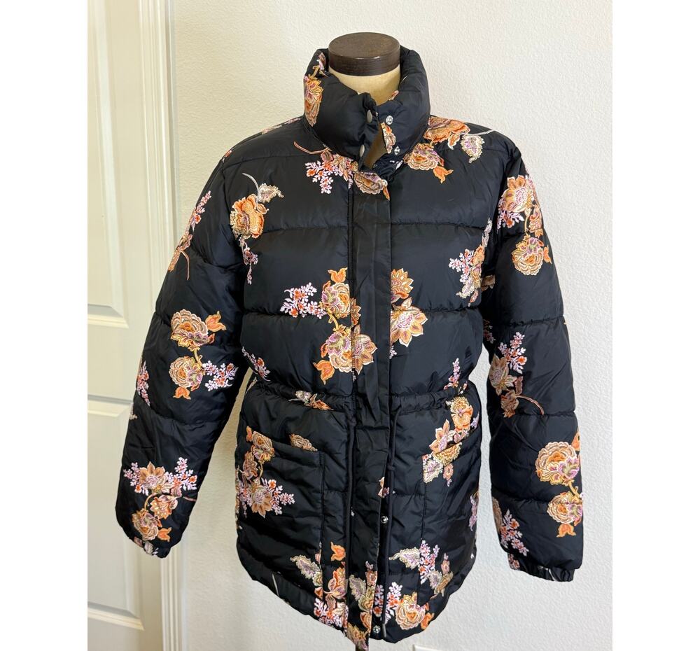 WHO WHAT WEAR Floral Full Zip Puffer Jacket Coat Black Women Small